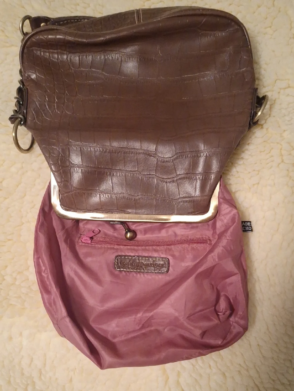 TOMMY HILLFIGER OLD Classic Croc-Embossed Brown Shoulder Bag